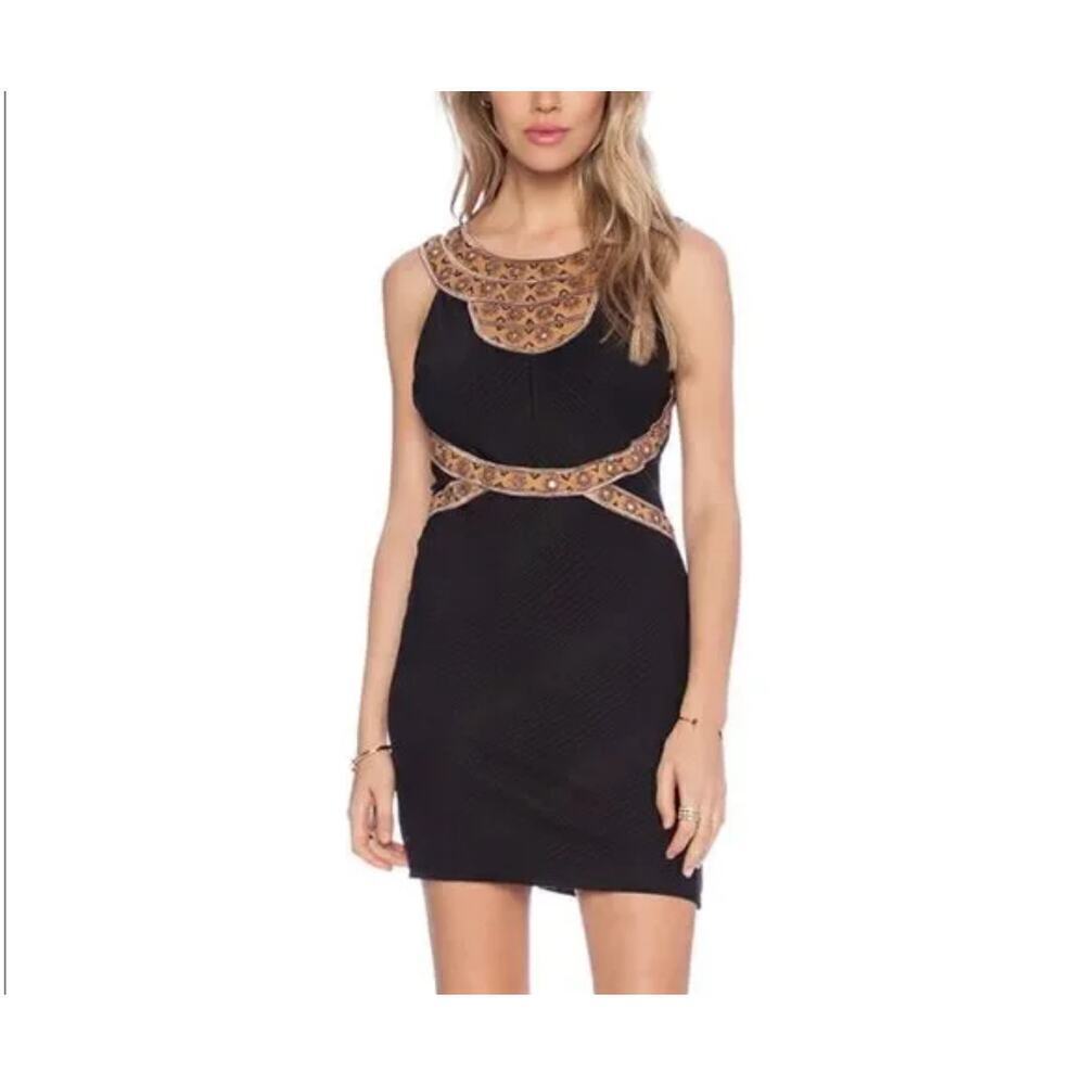 Free People Nerfertiti Black Bodycon Dress Small Embroidered Boho Indie Festival
